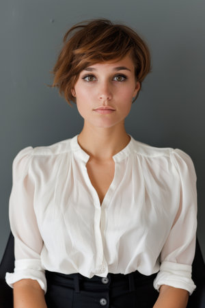Portrait of a young woman with short brown hairの素材