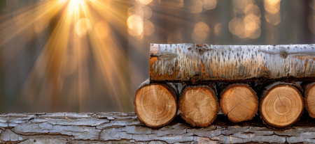 Warm sunlight shining through logs in winterの素材