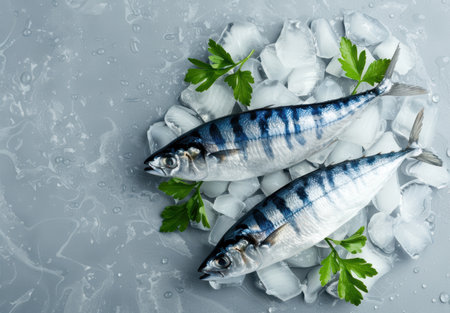 Fresh mackerel fish on ice with parsleyの素材
