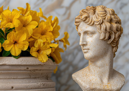 Artistic statue and vibrant yellow flowersの素材