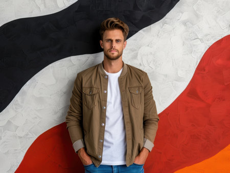 young man in casual outfit standing in front of abstract wallの素材