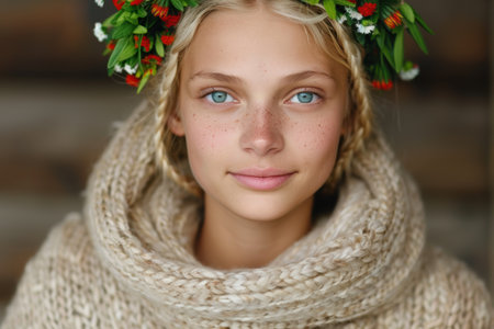 beautiful young woman with floral crown and cozy scarfの素材