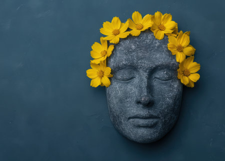 Serene buddha face with yellow flowersの素材