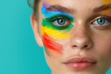 colorful face paint on woman's faceの素材