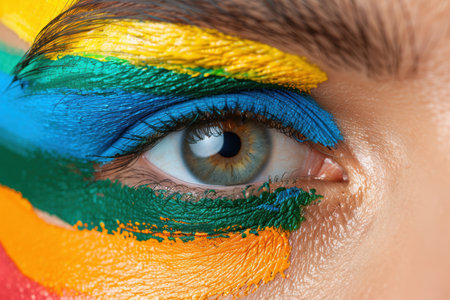 Vibrant eye makeup with colorful feather-like patternsの素材