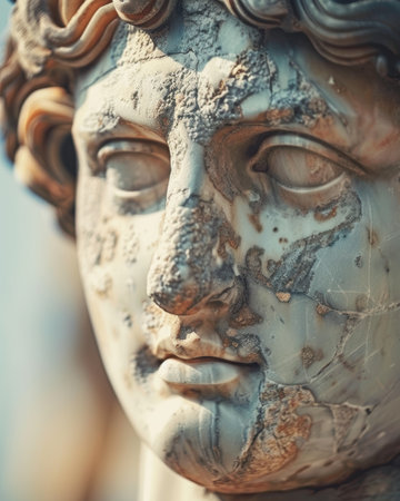 close-up of a weathered stone face sculptureの素材