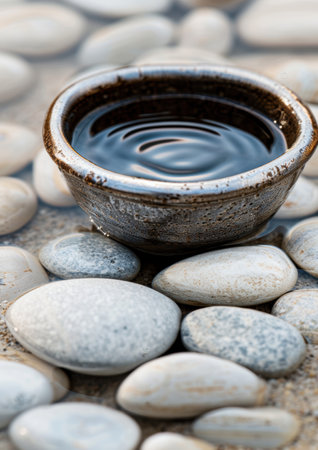 Zen-like ceramic bowl with rippling water on smooth pebblesの素材