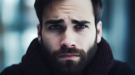 Serious man with beard looking at cameraの素材