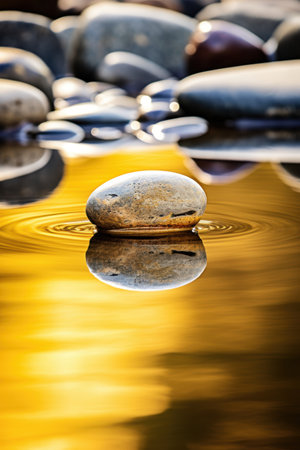 Tranquil reflection of smooth stones in golden waterの素材
