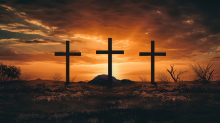 Silhouette of three crosses at sunsetの素材