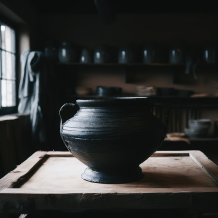 Antique ceramic pot on wooden tableの素材