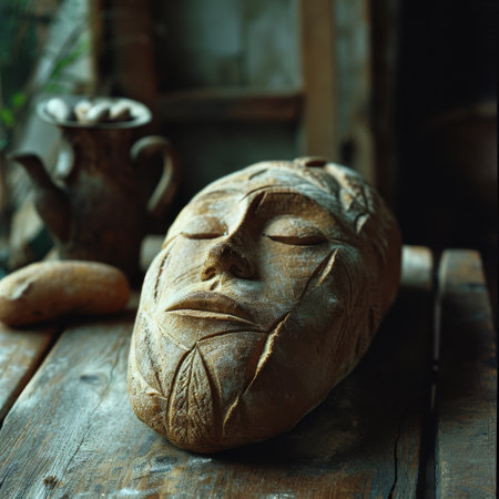 Carved wooden face sculpture on rustic tableの素材