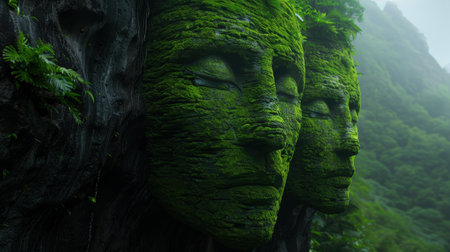 Serene moss-covered stone faces in lush forestの素材
