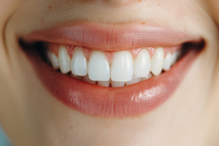 close up of a smiling mouth with white teethの素材