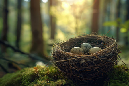 Nest with speckled eggs in forestの素材