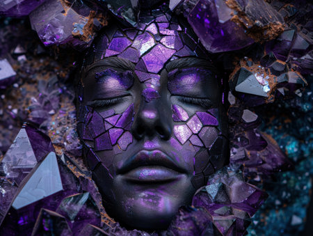 Surreal portrait of a face made of shattered purple crystalsの素材