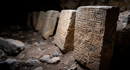 ancient carved stone tablets with hieroglyphic symbolsの素材