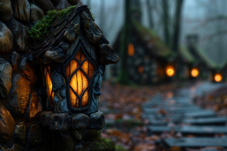 Glowing stone lantern in enchanted forestの素材