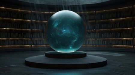 Futuristic crystal ball in dark libraryの素材