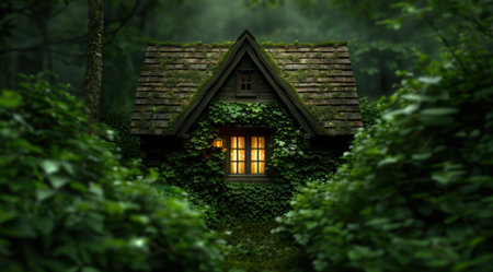 Enchanting forest cottage with glowing windowsの素材