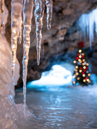 Icy winter wonderland with christmas treeの素材