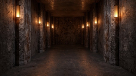 Mysterious underground tunnel with warm lightingの素材