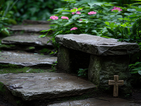 Peaceful garden path with stone crossの素材
