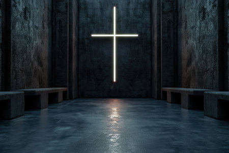 Dramatic cross in dark church interiorの素材