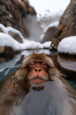 Relaxed snow monkey enjoying hot springの素材