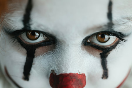 Creepy clown face with intense eyes and red noseの素材