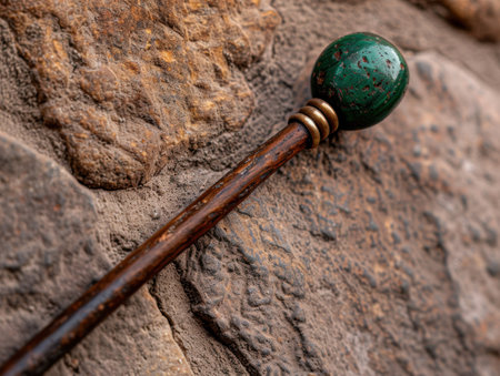 Wooden walking stick with green stone knob on rocky surfaceの素材