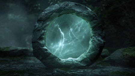 Mysterious glowing portal in dark forestの素材