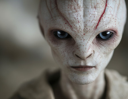 Mysterious alien face with glowing eyesの素材