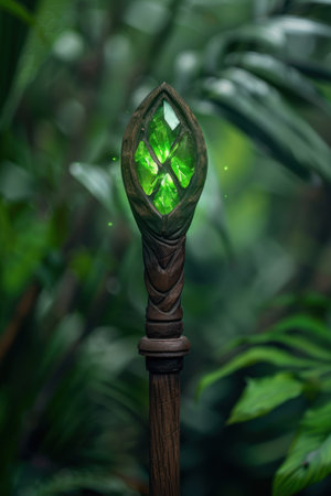 Glowing green crystal in a magical forestの素材