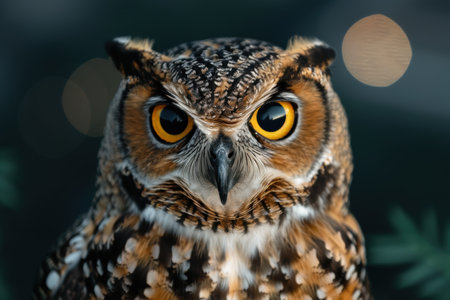 Close-up portrait of a majestic owl with piercing yellow eyesの素材