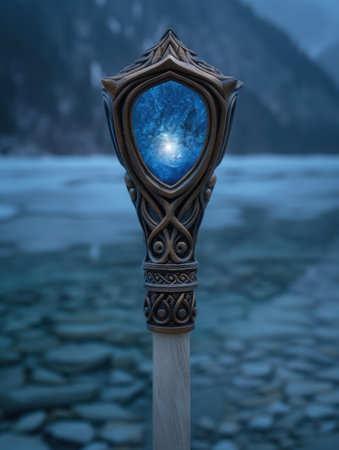 Magical crystal staff in snowy winter landscapeの素材