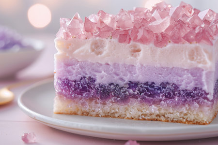 Delectable layered dessert with pink crystal sugar toppingの素材