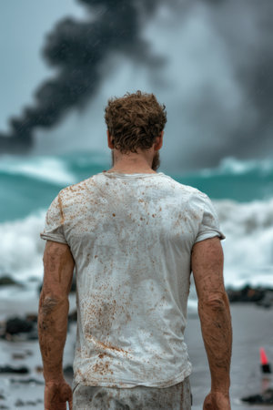 person standing in front of stormy oceanの素材