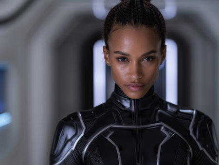 Futuristic female warrior in black armorの素材