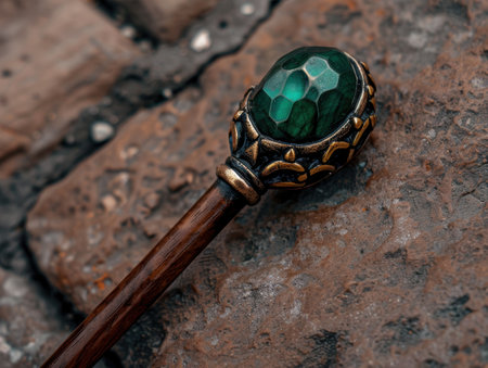 Ornate walking stick with emerald gemstoneの素材