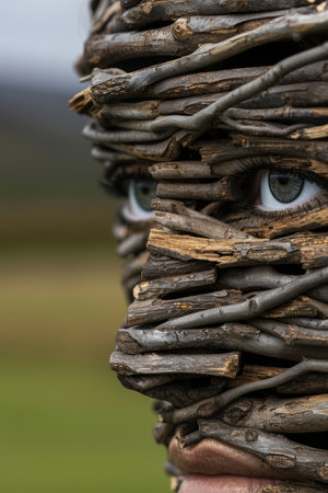 Mysterious face hidden behind wooden branchesの素材