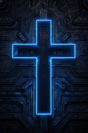 Neon cross on futuristic circuit boardの素材