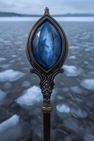 Mystical crystal pendant against blurred lake and mountainsの素材