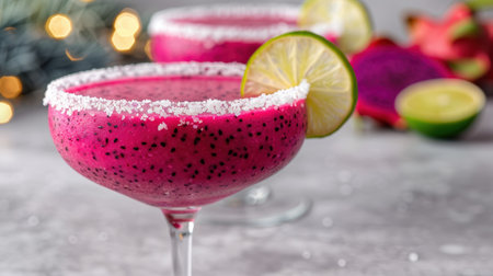 Vibrant pink cocktail with lime garnishの素材