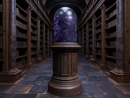Mystical library interior with glowing orbの素材