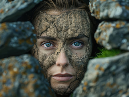 Intense gaze of a person with face covered in mudの素材