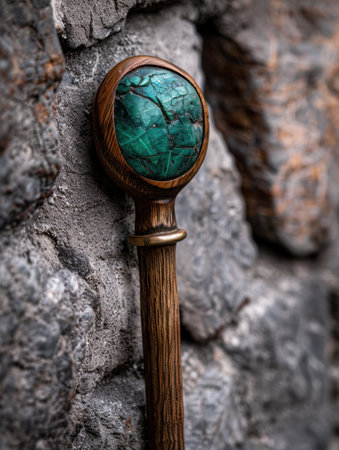Wooden walking stick with turquoise stoneの素材