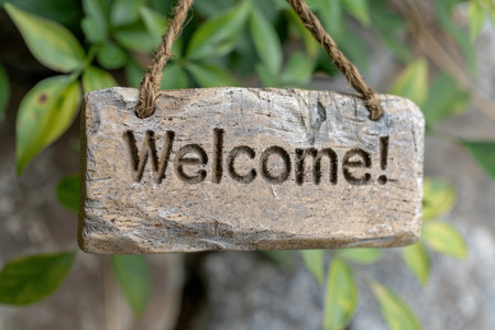 Rustic wooden welcome sign hanging in lush greeneryの素材