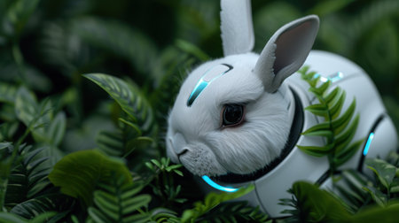 Cute white rabbit in lush green foliageの素材