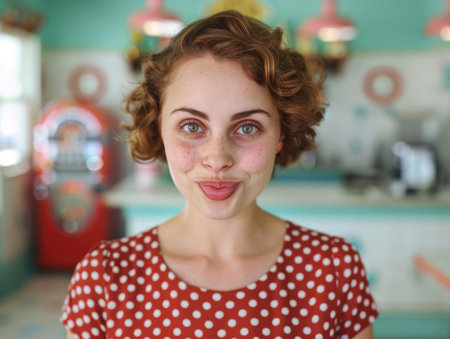 Smiling woman with curly hair in retro style polka dot dressの素材